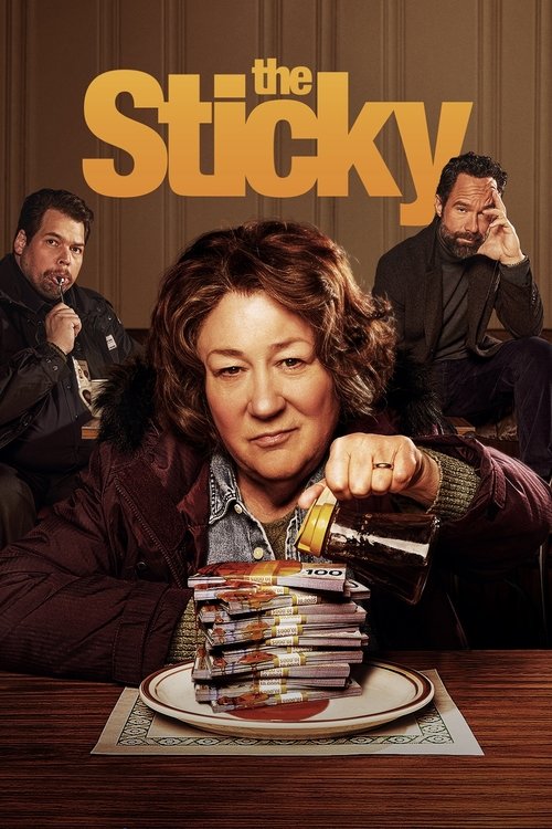The poster features a woman with a stack of sticky notes in front of her, surrounded by four men in formal attire. The warm tones and professional setting convey a serious, dramatic tone, suggesting a dramatic or suspenseful narrative.