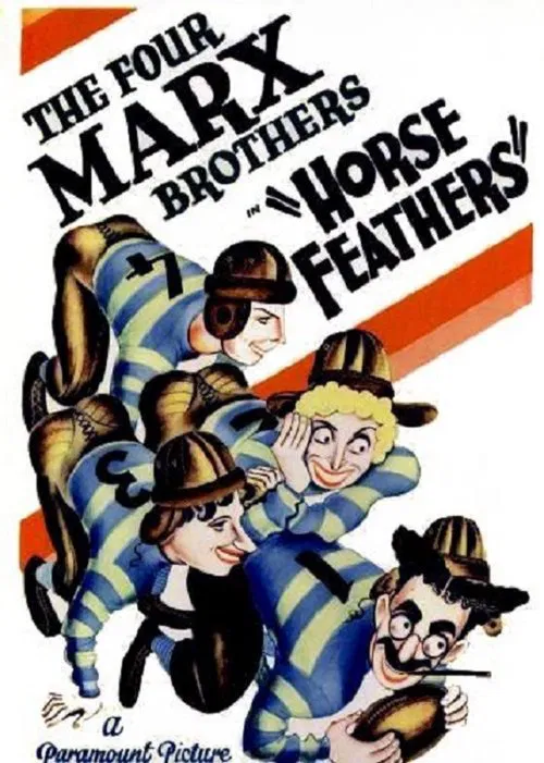 The poster features four men in blue and yellow striped outfits, each holding a feather, set against a vibrant orange background. The bold, comic-style art conveys a playful, adventurous mood, suggesting a lighthearted tale about the four brothers' quest for their feathered dreams.