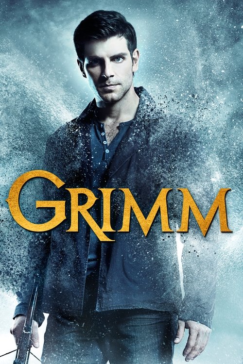 The poster features a young man with dark hair, wearing a dark jacket over a lighter shirt, standing against a misty, blue-toned background. The word "GRIMM" is prominently displayed in bold, golden letters, evoking a mysterious and dramatic atmosphere.