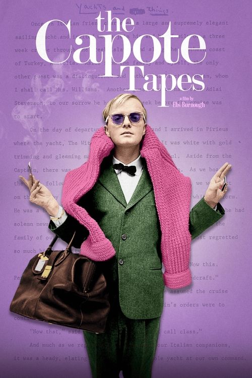 The poster features a man in a green suit and pink sweater, holding a brown bag and smoking a cigarette against a purple background. The mood is playful and mysterious, with the title "The Capote Tapes" prominently displayed in white.