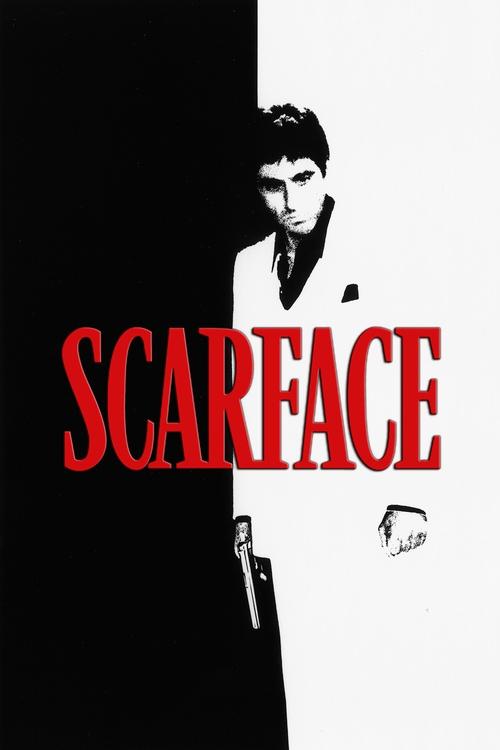 The poster features a striking black-and-white image of a man in a white suit, holding a gun, with the bold red title "SCARFACE" dominating the center. The stark contrast between the monochrome figure and the vivid red text evokes a gritty, noir atmosphere, suggesting a dark, intense crime drama.