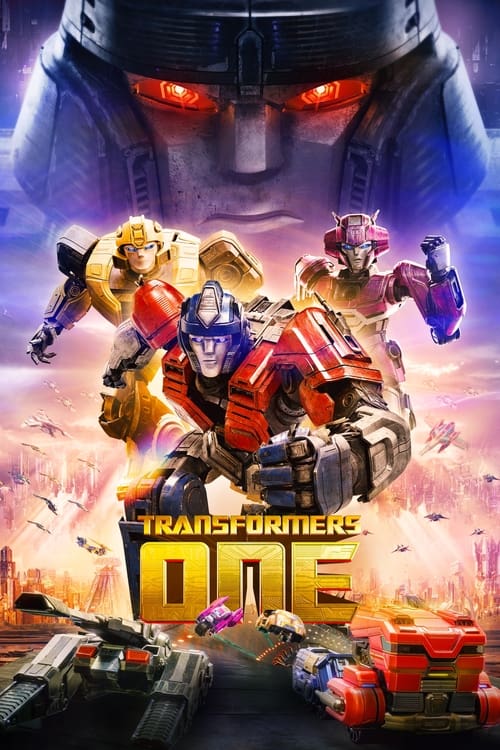 The poster features a dynamic scene with Transformers characters in action, set against a dramatic backdrop of fiery explosions and cosmic energy. The central figure, a red and blue robot, commands attention with its bold design. The background is filled with vibrant colors like orange, purple, a...