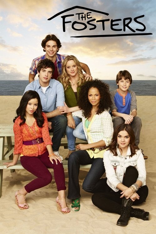 The Fosters poster features six diverse young adults posing on a beach, exuding a relaxed and friendly atmosphere. The warm sunset hues and casual clothing create a nostalgic, inviting mood that captures the essence of the show's wholesome family dynamic.