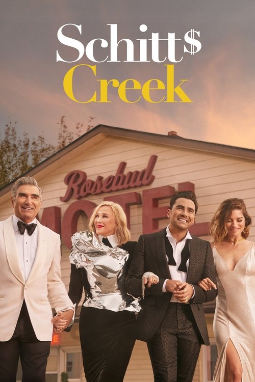 The poster features four characters in formal attire against a warm sunset backdrop, evoking a nostalgic yet slightly melancholic mood. The title "Schitt's Creek" is prominently displayed in elegant typography, with the show's name rendered in a cursive script. The overall composition suggests a ...