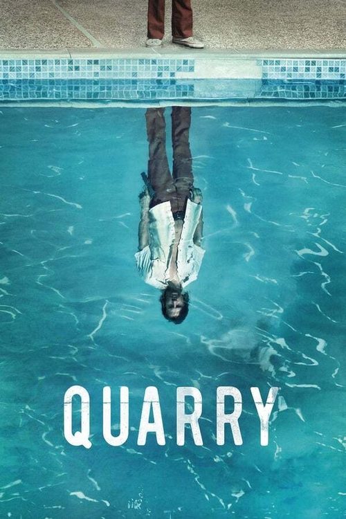 The poster features a man submerged in a serene blue pool, his reflection upside down beneath him. The title "QUARRY" is prominently displayed in bold white letters at the bottom. The mood is mysterious and contemplative, evoking a sense of isolation and introspection.