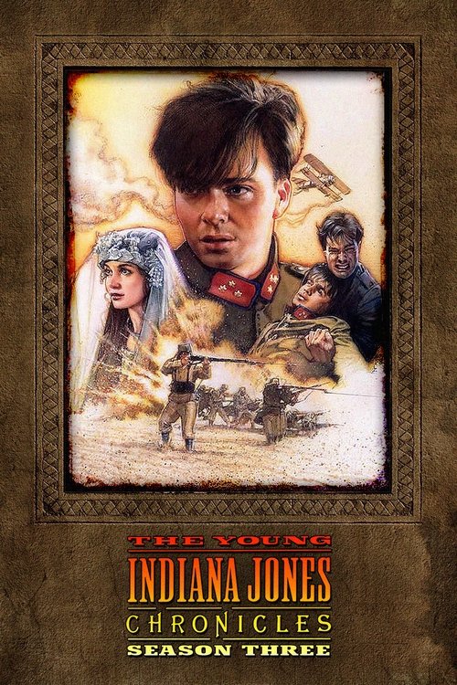 The poster features a dramatic portrait of Indiana Jones with a mysterious woman beside him, set against a backdrop of ancient ruins and a sepia-toned landscape. The warm, golden hues evoke a sense of adventure and historical intrigue, while the ornate border frames the image with an air of mystery.