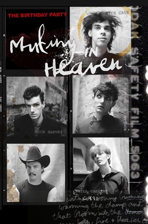 This movie poster features six black-and-white portraits of young men in various settings, evoking a gritty, noir atmosphere. The title "Mutiny in Heaven" is prominently displayed in bold, distressed typography, with the subtitle "The Birthday Party" beneath it. The overall design suggests a dram...