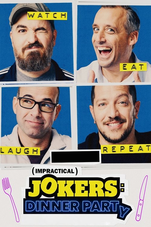 This humorous poster features four men in a grid, each with exaggerated expressions of laughter or surprise. The vibrant blue background contrasts with the men's colorful attire, creating a lively and comedic atmosphere. The bold, playful typography and bright colors evoke a sense of fun and absu...