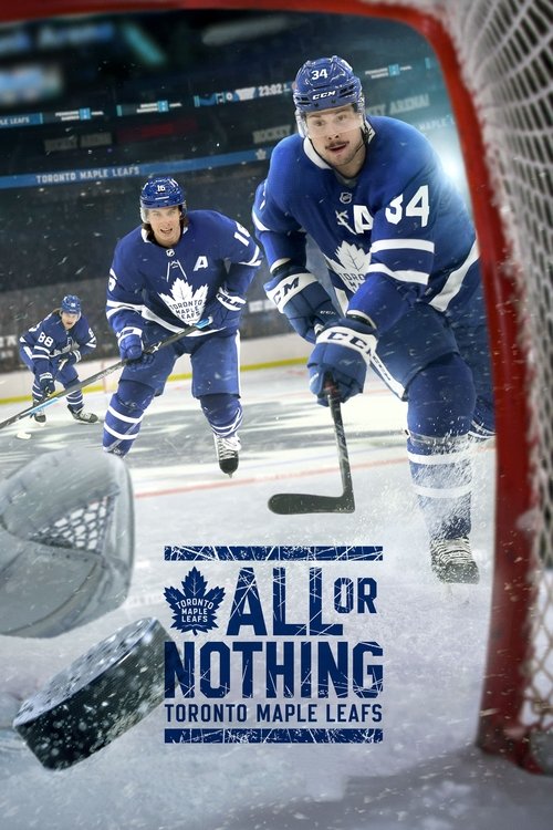 The poster features a dynamic hockey scene with players in blue jerseys celebrating on ice. The vibrant blue and white colors evoke excitement and energy. The title "All or Nothing" is prominently displayed, suggesting a high-stakes competition. The overall mood is intense and competitive, captur...