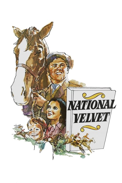 A vintage movie poster for "National Velvet" features a charming illustration of a young girl with a joyful expression, surrounded by other characters and a horse. The warm, golden hues evoke a nostalgic, fairy-tale atmosphere.