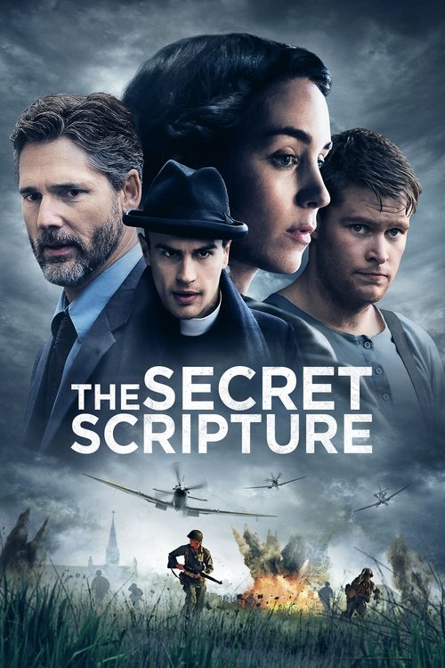The poster features a dramatic scene with four characters in a somber, misty atmosphere. The colors are muted, dominated by grays and browns, creating a mysterious and tense mood. The title "The Secret Scripture" is prominently displayed in bold white letters, emphasizing the film's intrigue.