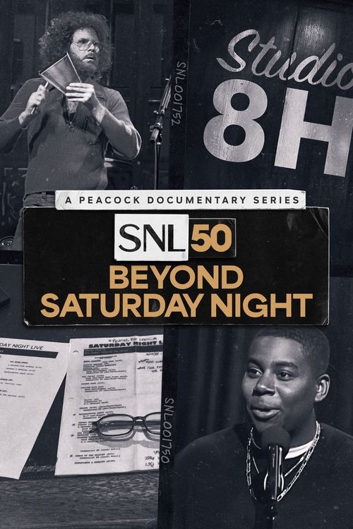 This TV show poster features a collage of performers in black and white, with vibrant orange and white text. The mood is nostalgic and celebratory, capturing the essence of a classic Saturday night comedy show.