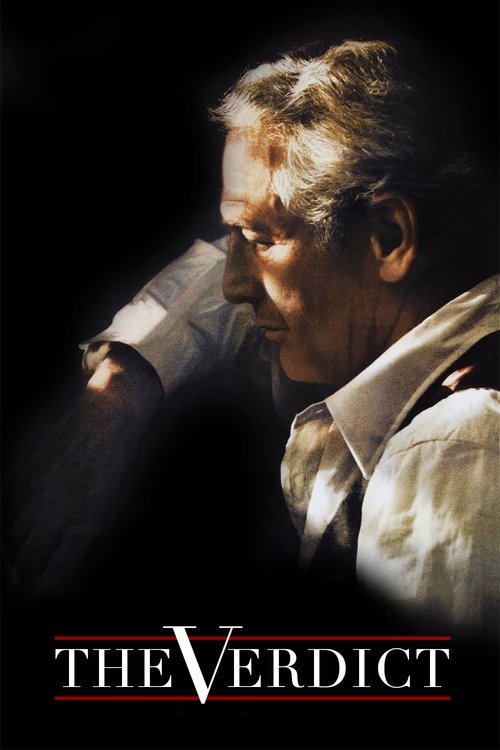 The poster features a dramatic close-up of a man with a contemplative expression, his face illuminated against a dark background. The muted tones of the image evoke a somber and reflective mood, while the bold red text at the bottom anchors the title "The Verdict" in stark contrast.