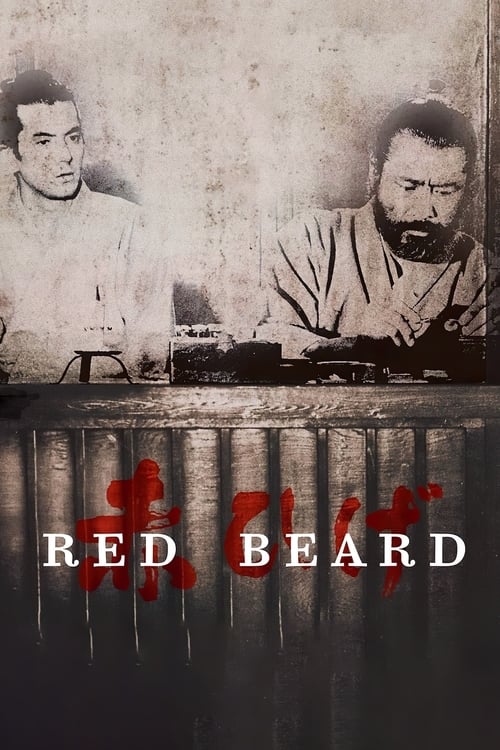The poster features two men in sepia-toned portraits, one with a beard and the other without, both exuding a somber mood. The title "RED BEARD" is prominently displayed in bold, red lettering against a dark background, emphasizing the film's gritty and intense theme.
