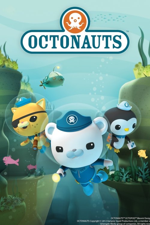 The poster features three octonauts in colorful, playful poses against a vibrant underwater backdrop. The bright blue and green hues create a cheerful, adventurous mood, while the skull emblem adds a touch of humor.