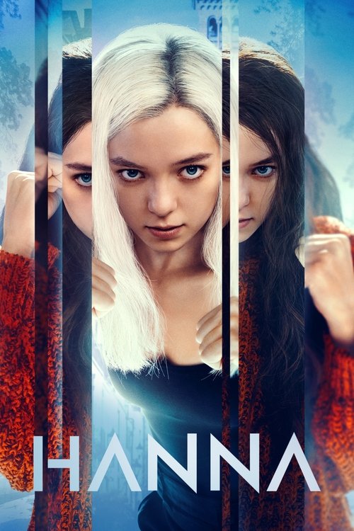 The poster features three women with intense, serious expressions, framed by vertical bars that create a sense of mystery and intrigue. The color palette is dominated by cool blues and whites, evoking a mysterious and slightly eerie atmosphere. The word "HANNA" is prominently displayed in bold, w...