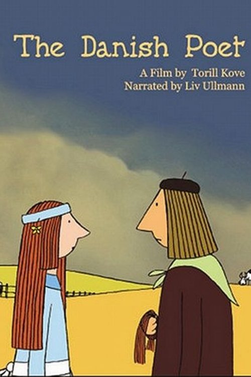 The Danish Poet poster features two figures in a pastoral scene against a muted sky. One person wears a blue dress with a white headband, while the other dons a brown robe and black hat. The warm yellow background contrasts with the cool blue tones, creating a serene yet timeless atmosphere.