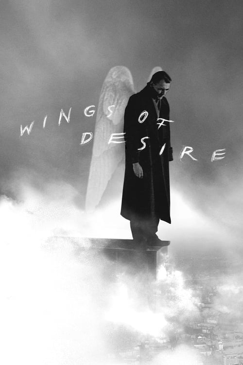 A lone figure stands in a misty, ethereal landscape, wearing a long black coat and sunglasses. The poster features a monochromatic palette with white and gray tones, creating a mysterious and dreamlike atmosphere. The title "WINGS OF DESIRE" is prominently displayed in stylized, white lettering, ...