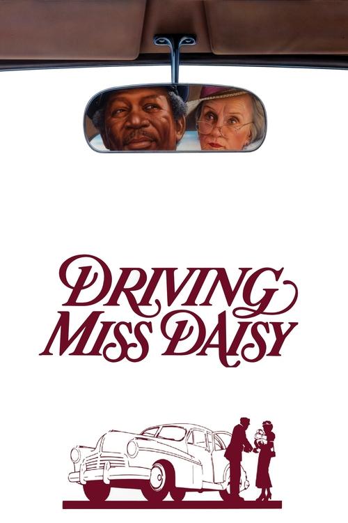 The poster features a vintage car silhouette at the bottom, with two characters—a man and a woman—peeking through the rearview mirror above. The title "Driving Miss Daisy" is elegantly written in red script against a white background. The overall mood is nostalgic and slightly melancholic, evokin...