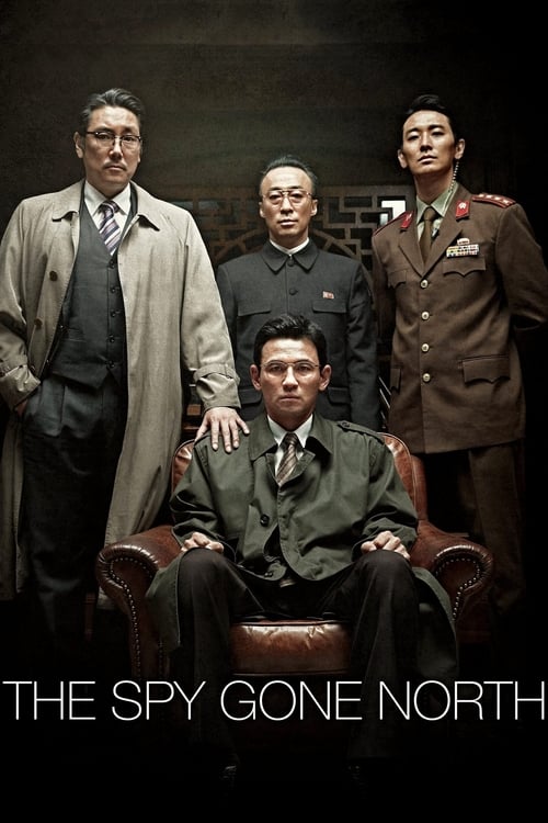 The poster features four men in formal attire against a dark, moody background. A man in a military uniform stands on the right, while others in suits and ties occupy the center and left. The muted tones of gray, brown, and black create a somber, mysterious atmosphere. The title "THE SPY GONE NOR...