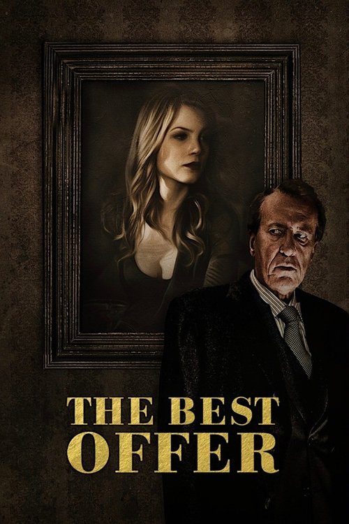 The poster features a dramatic portrait of a woman with long blonde hair, framed in an ornate dark border, set against a textured, sepia-toned background. In the foreground, a stern, weathered man in a dark suit and tie dominates the lower right, exuding authority and mystery. The title "The Best...