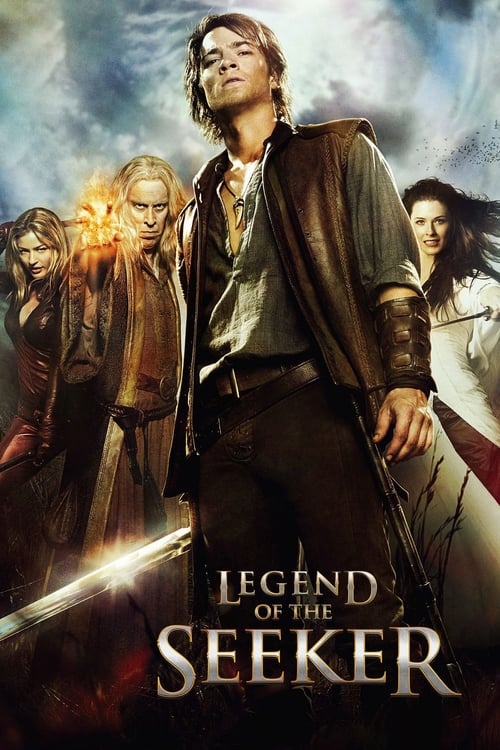 This poster features a dramatic scene with four characters in a fantasy setting. The central figure, a man in a brown coat, stands prominently against a stormy sky. To his left, a woman with long hair holds a sword, while another woman with a fiery background adds intensity. The title "Legend of ...