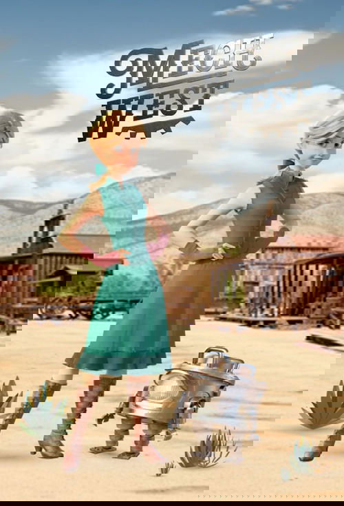 The poster features a woman in a teal dress standing confidently with her hands on hips, exuding a rugged yet stylish vibe. The desert landscape with dusty terrain and rustic buildings sets a gritty, adventurous mood. The title "MechWest" is prominently displayed in bold, metallic lettering, hint...