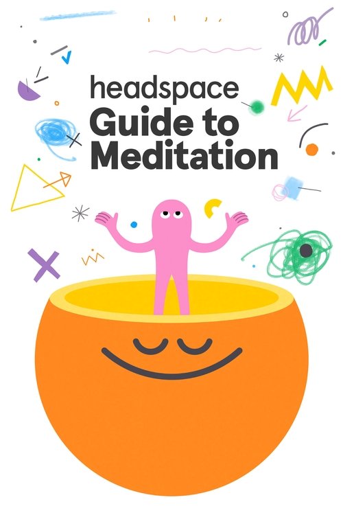 The vibrant orange bowl with a smiling face serves as the central focus, surrounded by colorful doodles and abstract shapes. A cheerful pink figure with outstretched arms stands inside, embodying mindfulness and peace. The playful and inviting design conveys a calming, meditative mood, making it ...