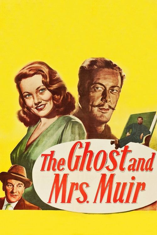 This vintage movie poster features a cheerful woman in a green dress and a man in a suit, both smiling against a bright yellow background. The title "The Ghost and Mrs. Muir" is prominently displayed in red script within a white oval. The overall mood is warm and nostalgic, capturing the charm of...