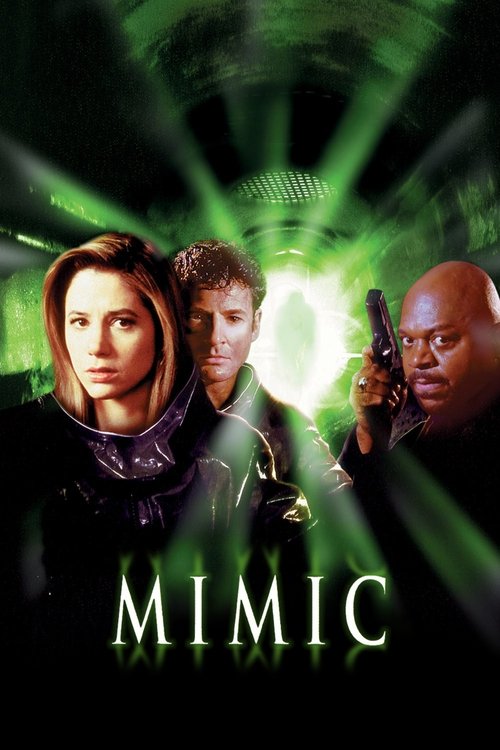 The poster features three characters in futuristic attire against a dark background illuminated by dramatic green beams. The title "MIMIC" is prominently displayed at the bottom, evoking a sense of mystery and suspense.