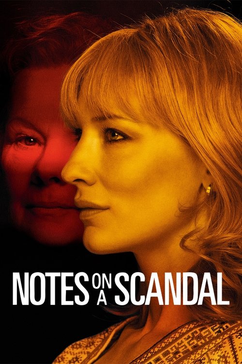 The poster features a woman with blonde hair in warm golden tones, exuding mystery and intrigue. Behind her, a blurred figure in red adds depth to the image. The title "Notes on a Scandal" is prominently displayed in bold white letters, suggesting themes of scandal and intrigue. The overall mood ...