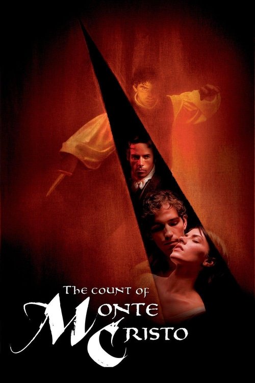 The poster features a dramatic scene with a man in a white coat and a woman in a black dress, both framed by a towering black hat. The background is filled with swirling red and orange hues, evoking a sense of mystery and danger. The title "The Count of Monte Cristo" is prominently displayed in e...