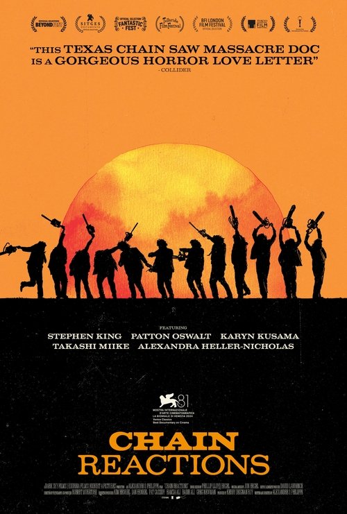The poster features silhouettes of people against a dramatic sunset, evoking suspense and mystery. The warm orange hues create a moody atmosphere, while the title "Chain Reactions" hints at a thriller with interconnected plotlines.