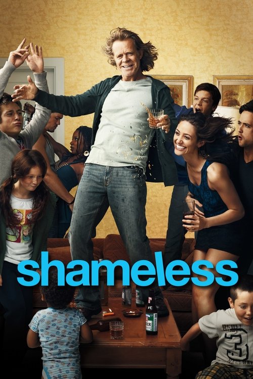 The poster captures a chaotic scene with a man in a casual outfit surrounded by energetic, expressive people. Warm tones dominate the image, creating a lively and spirited atmosphere. The title "Shameless" is prominently displayed in bold blue letters, emphasizing the show's gritty and rebellious...