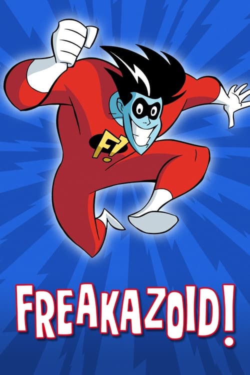 A cartoon character in a red suit with a yellow "F" emblem is depicted mid-leap against a dynamic blue background. The character has black hair, white gloves, and a confident expression. Bold red text at the bottom reads "FREAKAZOID!" in all caps, emphasizing the show's energetic and humorous tone.