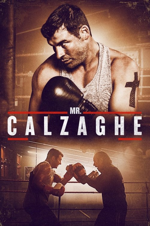The poster features a gritty, sepia-toned image of a muscular boxer in a boxing ring, with the title "Mr. Calzaghe" prominently displayed in bold, white letters. The mood is intense and dramatic, capturing the raw energy of professional boxing.