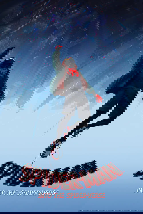 The poster features a dynamic action shot of Spider-Man mid-jump against a cityscape backdrop. He wears a red and black suit with a green backpack, his pose conveying energy and agility. The vibrant colors of his outfit contrast sharply with the cool blue tones of the background. The title "Spide...