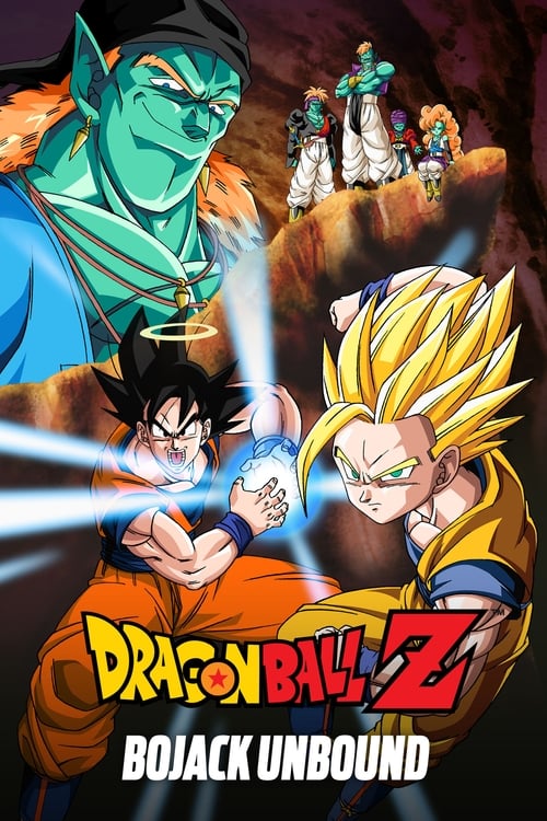 This poster features a dynamic scene with Goku and Vegeta in the foreground, their intense expressions and glowing energy beams suggesting action. In the background, a group of characters stands on rocky cliffs, adding depth to the composition. The vibrant colors of the characters' outfits contra...