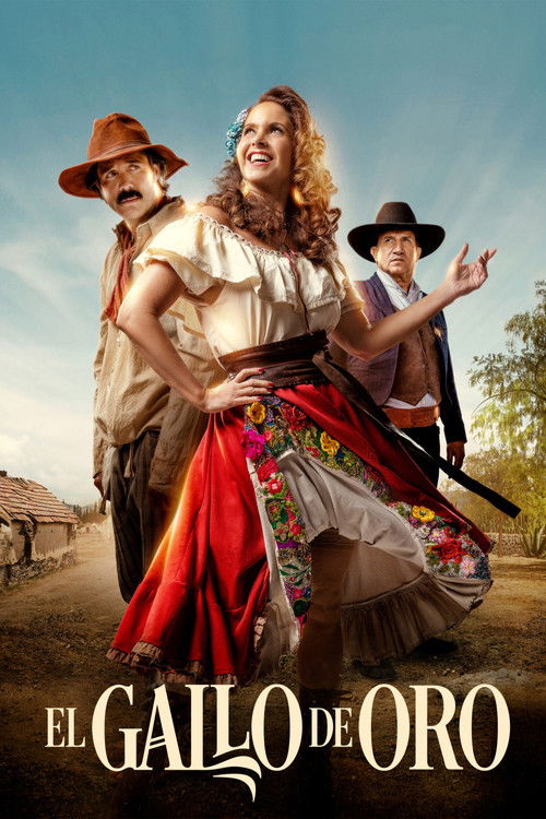 This poster features a vibrant scene with a woman in a red and white dress, a man in a cowboy hat, and another man in the background. The warm colors and dynamic pose convey a lively, adventurous mood, suggesting a Western drama or comedy.