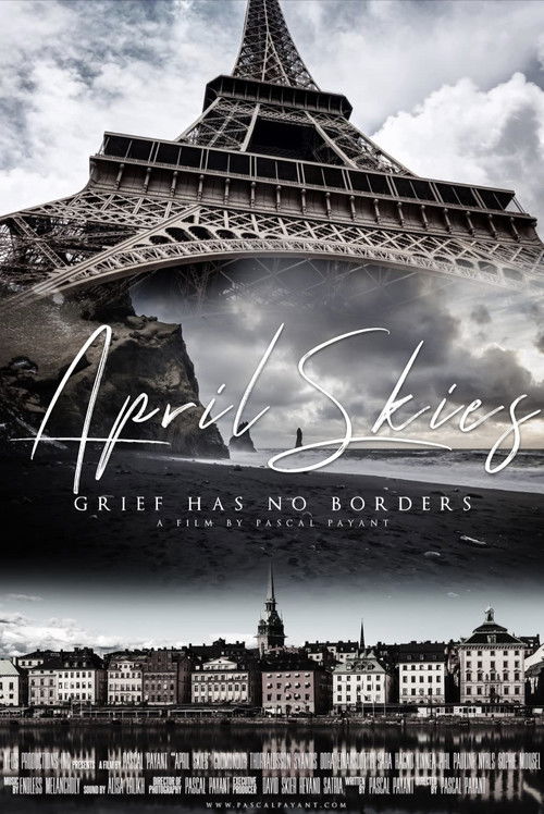 The poster features a dramatic, sepia-toned view of the Eiffel Tower against a cloudy sky, with a lone figure standing in the foreground. The title "April Skies" is elegantly written in cursive, and the tagline "Grief has no borders" hints at the film's melancholic tone.
