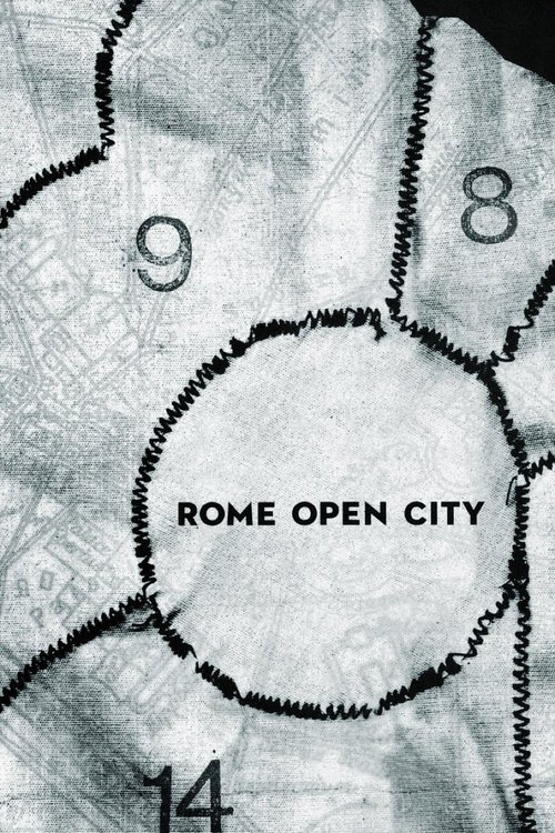 The poster features a grainy, sepia-toned image of Rome's ancient streets, with the title "Rome, Open City" prominently displayed in bold, black text. The muted color palette evokes a sense of historical mystery and timeless beauty.