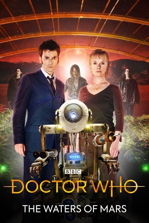 The poster features two characters in a dramatic, cinematic pose against a backdrop of swirling cosmic colors. A central robot-like figure with glowing accents adds a sci-fi touch, while the title "Doctor Who: The Waters of Mars" is prominently displayed at the bottom. The overall mood is mysteri...