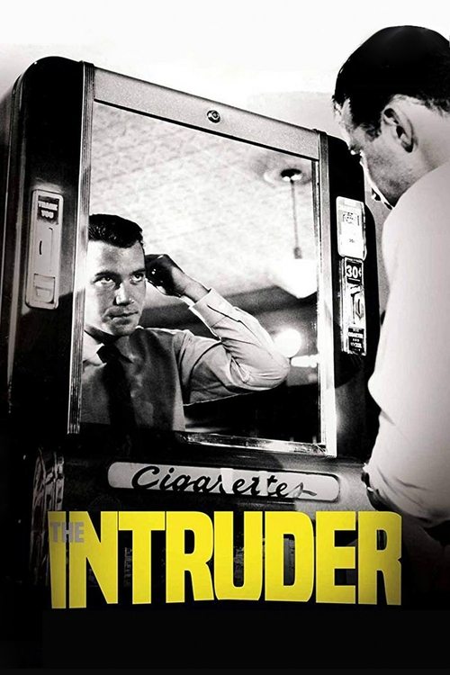The poster features a man in a suit standing beside a vintage car, with a man inside the car looking out through the windshield. The car's interior is tinted, and the exterior is in black and white, creating a mysterious atmosphere. The title "The Intruder" is prominently displayed in bold yellow...
