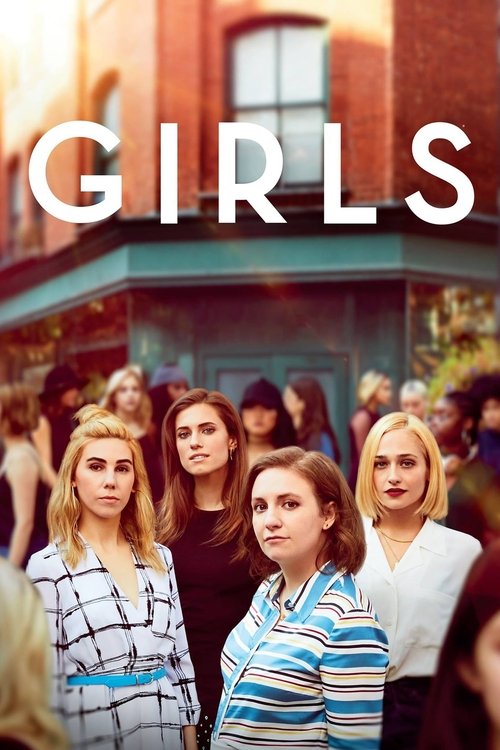 The poster features a group of young women standing in front of a brick building, with the word "GIRLS" prominently displayed in bold white letters. The warm, slightly vintage lighting and casual clothing evoke a nostalgic, youthful atmosphere.