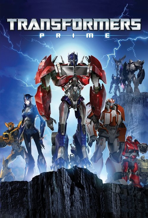 The poster features a dynamic scene with Transformers characters standing on a rocky cliff against a dramatic sky. The red and blue color scheme evokes energy and power, while lightning bolts add to the intense atmosphere. The mood is one of anticipation and heroism, capturing the essence of the ...