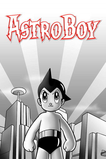 The poster features a young boy with dark hair and a determined expression, standing confidently against a stylized city skyline. The bold, red "Astro Boy" title dominates the top, while the background radiates with dramatic light beams, suggesting energy and adventure. The monochrome palette emp...