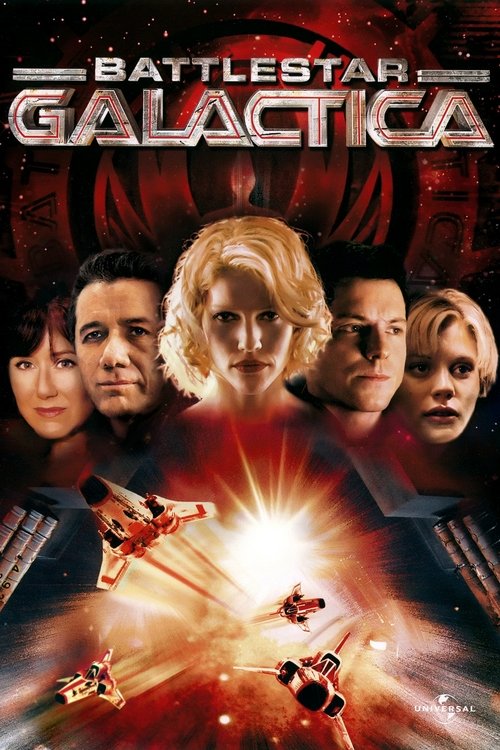 This poster showcases the iconic Battlestar Galactica cast against a dramatic backdrop of fiery explosions and cosmic stars. The characters exude a mix of determination and mystery, with their intense expressions and futuristic attire hinting at the show's space opera themes. The vibrant colors a...