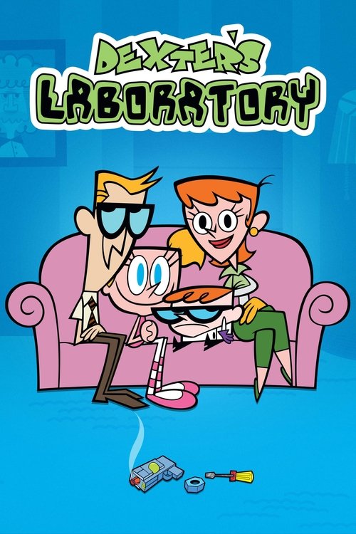The poster features Dexter and his friends on a pink couch against a blue background, creating a playful yet mysterious atmosphere. Dexter wears sunglasses and holds a magnifying glass, while his friends are dressed casually. The overall mood is lighthearted and fun, capturing the essence of the ...