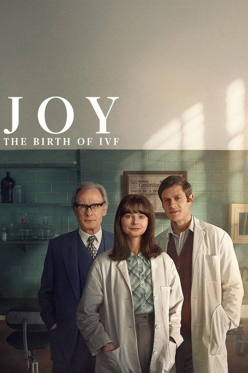 The poster features three characters in a clinical setting, with warm lighting casting soft shadows. The title "Joy" is prominently displayed in bold white letters, evoking a sense of hope and triumph. The overall mood is hopeful yet grounded, suggesting a story about overcoming adversity.
