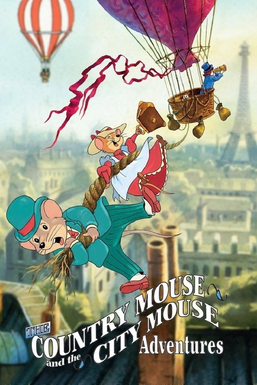 The poster features a whimsical scene with a small mouse in a blue hat and green outfit flying through the air, surrounded by colorful balloons and city buildings. The mood is playful and adventurous, capturing the charm of a cartoon world.